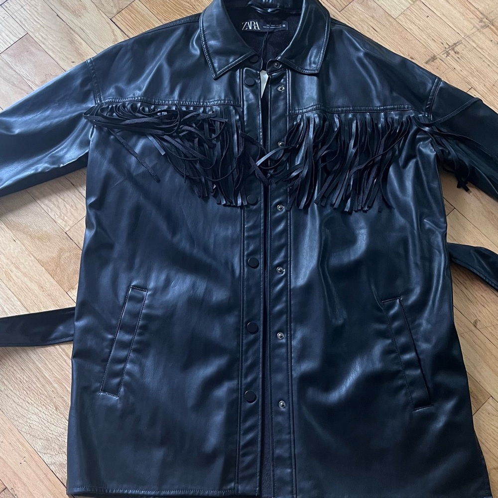 Brand new with tag Zara Black Fringe Leather women Jacket, Small